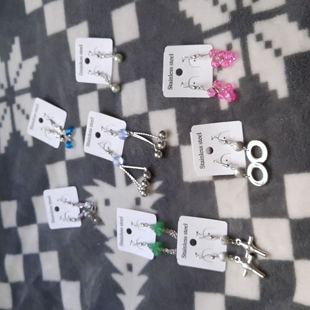 Stainless Steel 8 Pairs of Earrings Each Pair is Shown Above